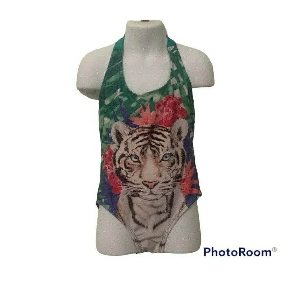Gymboree Girls One Piece Halter Swimsuit Size S 5-6 Floral Kitten Face
